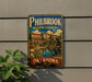 A vintage-style sign for the Philbrook Museum Gardens in Oklahoma, featuring a scenic image of the museum gardens and a statue.
