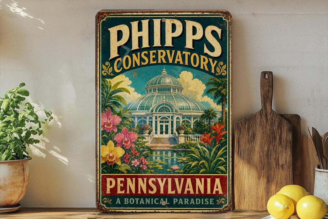 A vintage-style poster advertising the Phipps Conservatory in Pennsylvania, featuring a tropical garden scene with a greenhouse and palm trees.