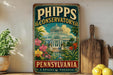 A vintage-style poster advertising the Phipps Conservatory in Pennsylvania, featuring a tropical garden scene with a greenhouse and palm trees.