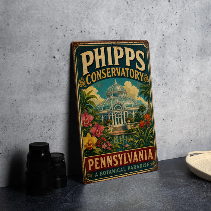 A vintage-style metal sign for the Phipps Conservatory in Pennsylvania, featuring a colorful illustration of the conservatory surrounded by tropical plants and flowers.