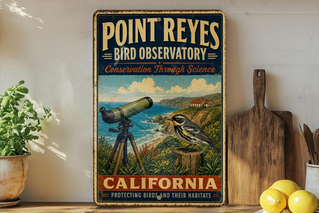 A vintage-style metal sign for Point Reyes Bird Observatory in California, featuring a telescope and a bird in a natural setting.