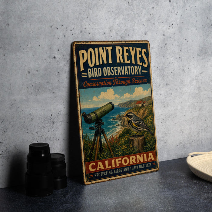A vintage-style metal sign for Point Reyes Bird Observatory, featuring a telescope and a bird, is displayed on a gray countertop next to a stack of camera lenses.