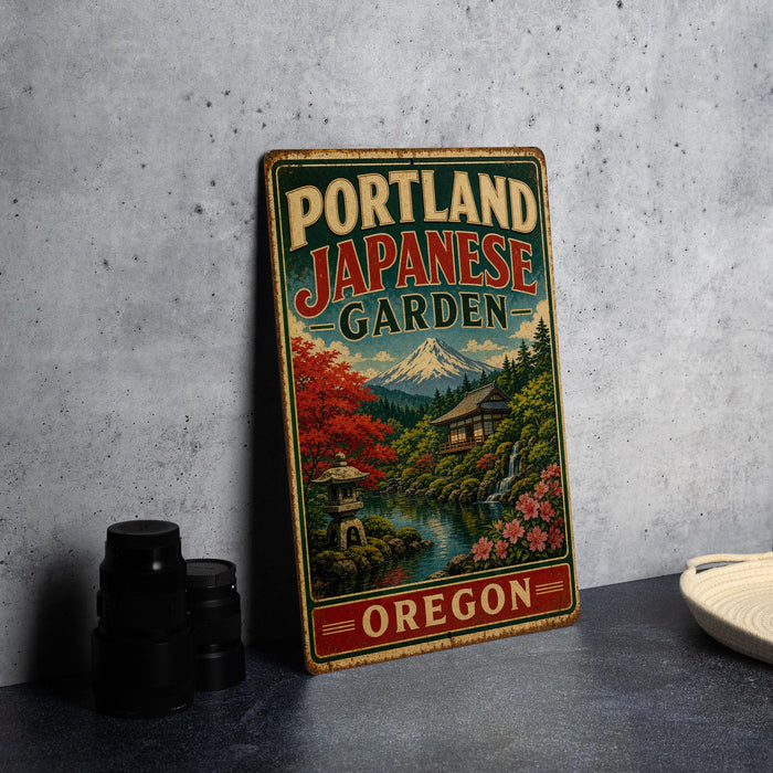 A vintage-style sign for the Portland Japanese Garden in Oregon, featuring a scenic landscape with a mountain, cherry blossom trees, and a pagoda.