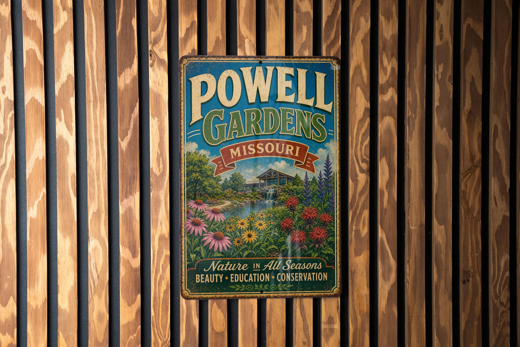 A vintage metal sign for Powell Gardens in Missouri, featuring a scenic landscape with flowers and a waterfall.