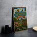 A vintage metal sign for Powell Gardens in Missouri, featuring a colorful illustration of a garden with flowers and a waterfall.
