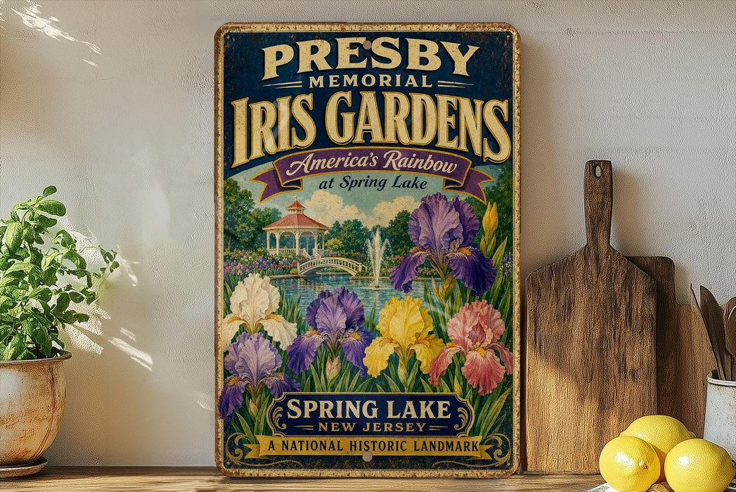 A vintage-style metal sign for Presby Memorial Iris Gardens, featuring a colorful illustration of the gardens and a gazebo.