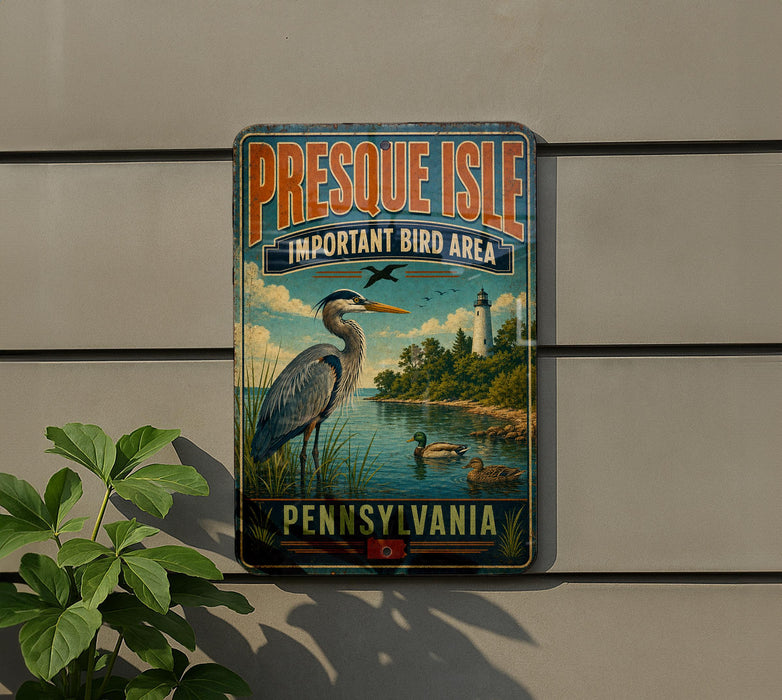 A vintage metal sign for Presque Isle, Pennsylvania, featuring a large bird and a lighthouse in the background.