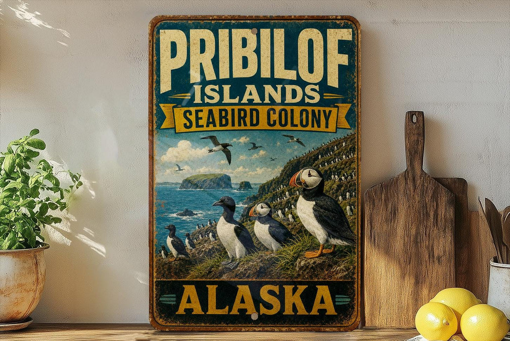 A vintage-style sign for the Pribilof Islands, Alaska, featuring illustrations of puffins and a scenic coastal landscape.