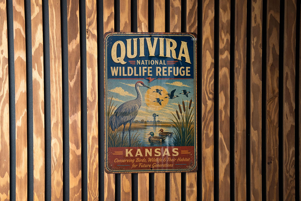 A vintage metal sign for the Quivira National Wildlife Refuge in Kansas, featuring an illustration of a crane and ducks in a pond.