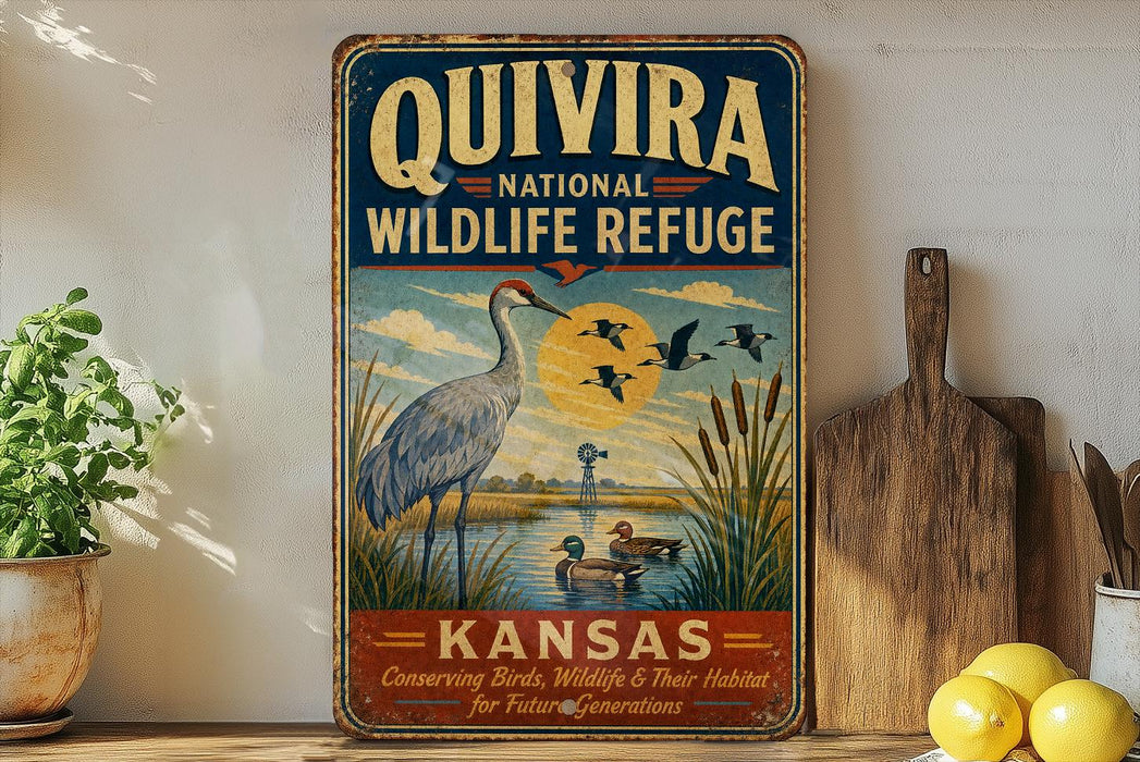 a vintage-style sign for the Quivira National Wildlife Refuge in Kansas, with a bird illustration and text promoting the refuge's conservation efforts.