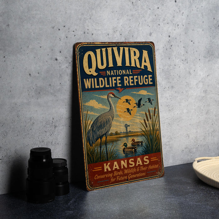 A vintage-style metal sign for the Quivira National Wildlife Refuge in Kansas, featuring an illustration of a crane and various wildlife elements.