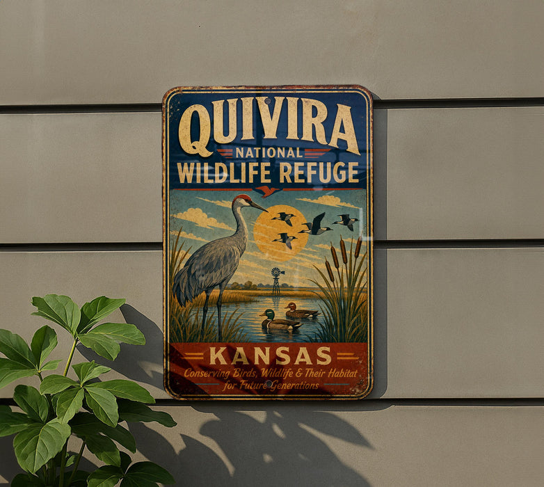A vintage metal sign for the Quivira National Wildlife Refuge in Kansas, featuring an illustration of a crane and ducks in a lake.