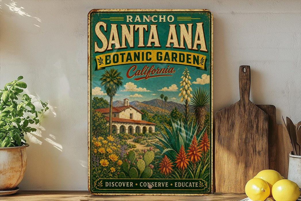 A vintage-style sign for the Rancho Santa Ana Botanic Garden in California, featuring a colorful illustration of a desert landscape with a house and various plants.