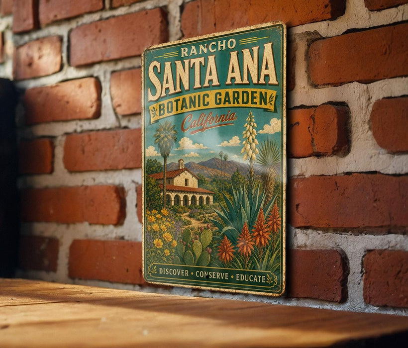 A vintage-style metal sign for Rancho Santa Ana Botanic Garden in California, featuring a colorful illustration of a garden with various plants and a building.