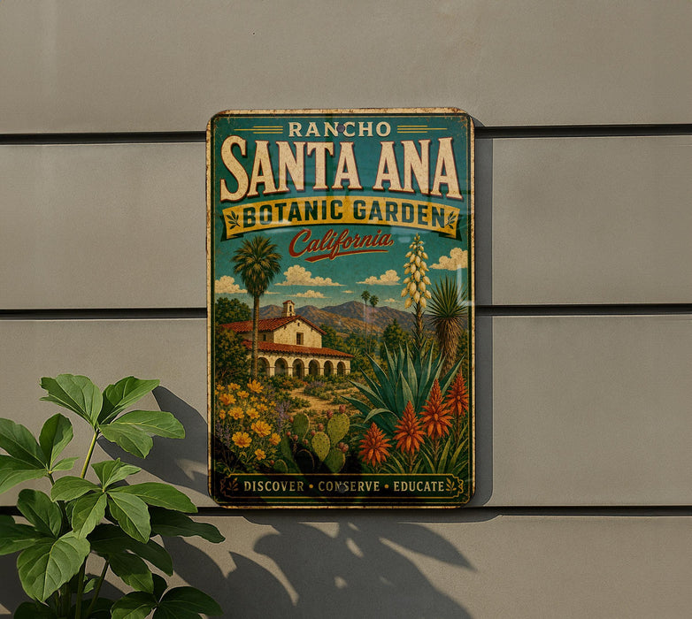 A vintage-style metal sign for the Rancho Santa Ana Botanic Garden in California, featuring a colorful illustration of a desert landscape with a building and palm trees.