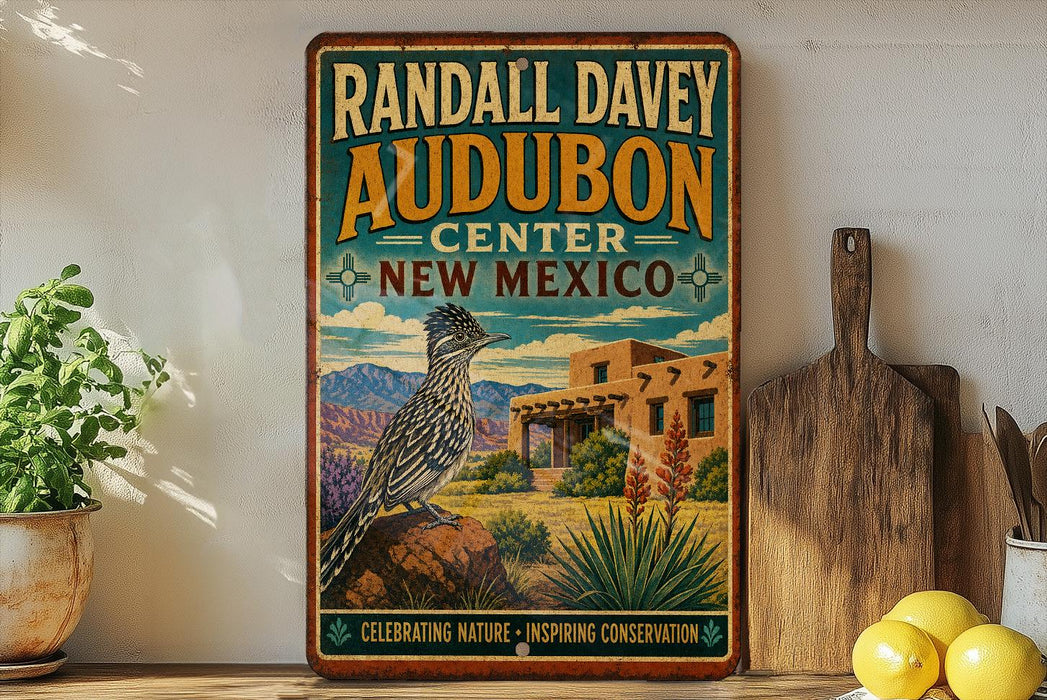 A vintage-style metal sign for Randall Davey Audubon Center in New Mexico, featuring a colorful illustration of a bird and desert landscape.