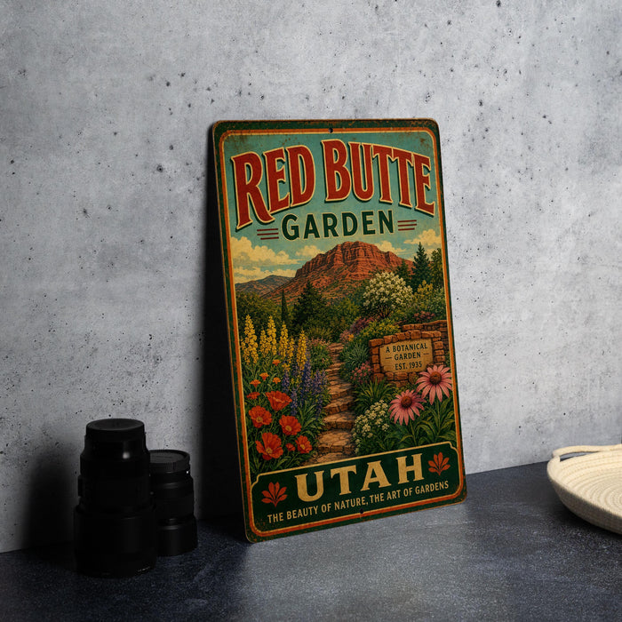 A vintage-style metal sign for Red Butte Garden in Utah, featuring a colorful illustration of a garden with flowers and a mountain backdrop.