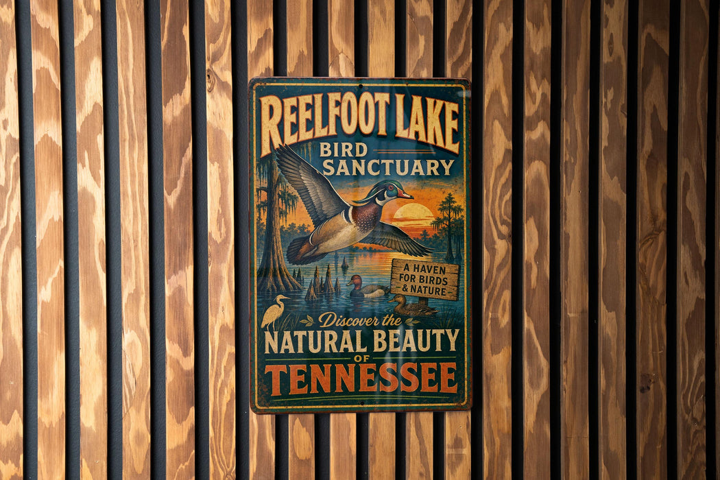 A vintage-style metal sign for Reelfoot Lake Bird Sanctuary, featuring a colorful illustration of a bird in flight and a scenic landscape.