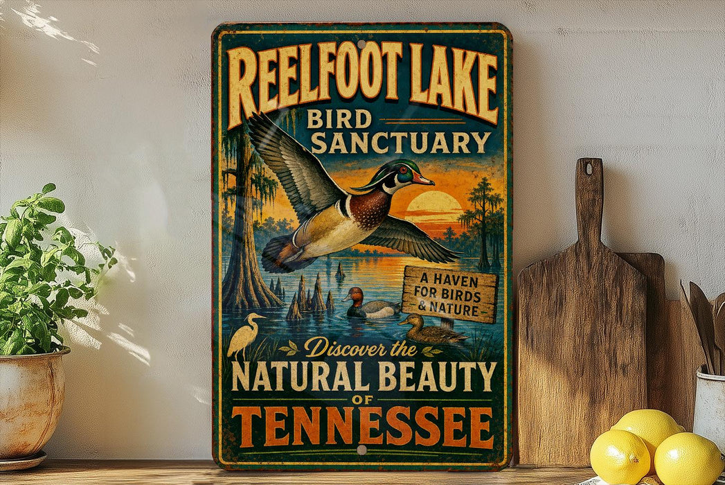 A vintage-style metal sign for Reelfoot Lake Bird Sanctuary, featuring an illustration of a bird in flight over a scenic landscape with a sunset.