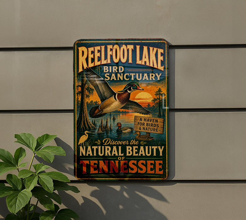 A vintage-style metal sign for Reelfoot Lake Bird Sanctuary, featuring an illustration of a bird in flight over a scenic landscape.