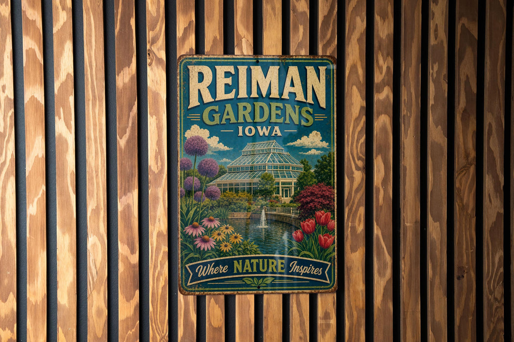 A vintage-style metal sign for Reiman Gardens in Iowa, featuring a greenhouse and colorful flowers, is displayed on a wooden wall.