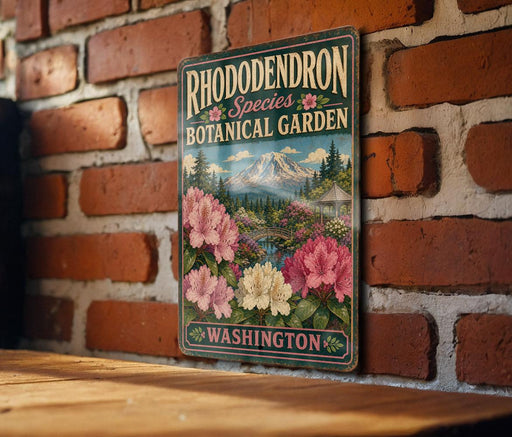 A vintage-style metal sign for the Rhododendron Species Botanical Garden in Washington, featuring a scenic landscape with a mountain and colorful flowers.