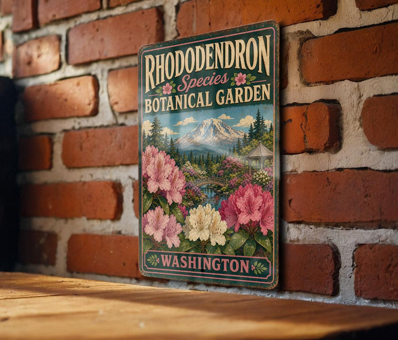 A vintage-style metal sign for the Rhododendron Species Botanical Garden in Washington, featuring a scenic landscape with a mountain and colorful flowers.
