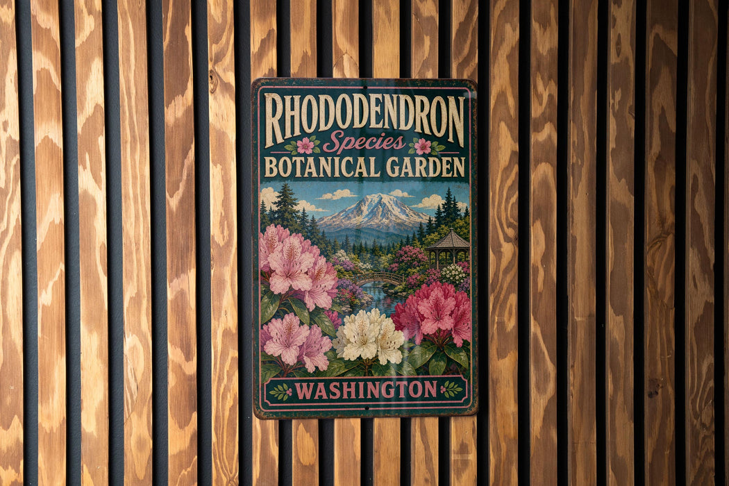 A vintage-style metal sign for the Rhododendron Species Botanical Garden in Washington, featuring a scenic landscape with a mountain backdrop and colorful flowers.