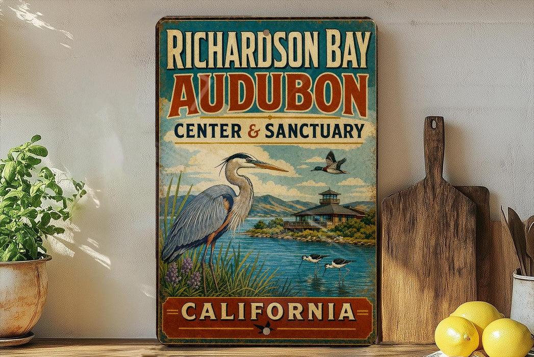 A vintage-style sign for "Richardson Bay Audubon Center & Sanctuary" in California, featuring an illustration of a heron and a lake.