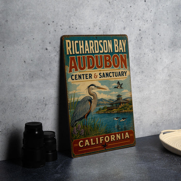 A vintage-style metal sign for the Richardson Bay Audubon Center & Sanctuary in California, featuring an illustration of a heron and a seagull.