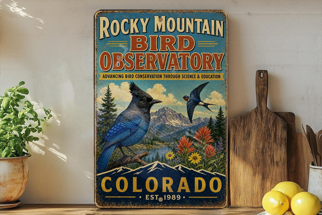 A vintage-style sign for the Rocky Mountain Bird Observatory in Colorado, featuring a blue bird perched on a mountain landscape with mountains, trees, and flowers.