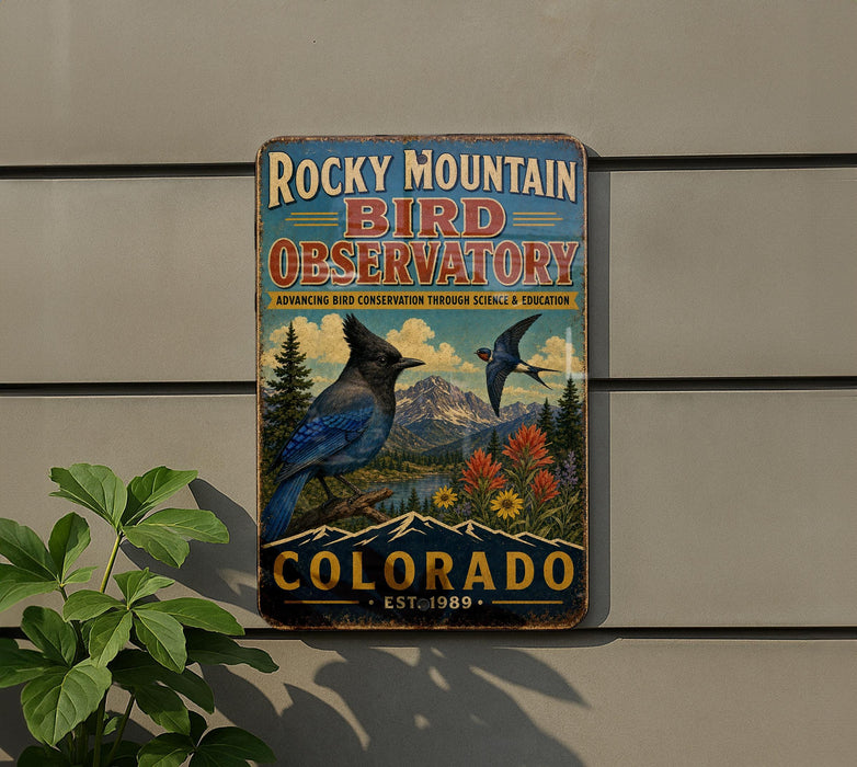 A vintage-style metal sign for the Rocky Mountain Bird Observatory in Colorado, featuring a blue bird and a mountainous landscape.