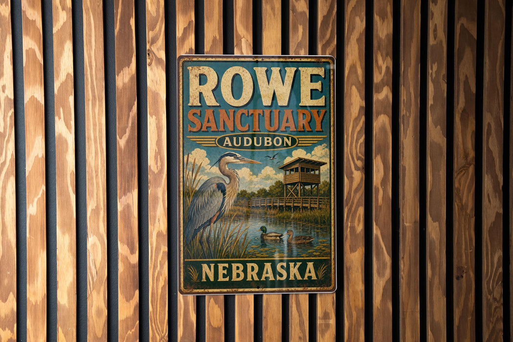 A vintage metal sign for Rowe Sanctuary Audubon in Nebraska, featuring an illustration of a bird and a building.
