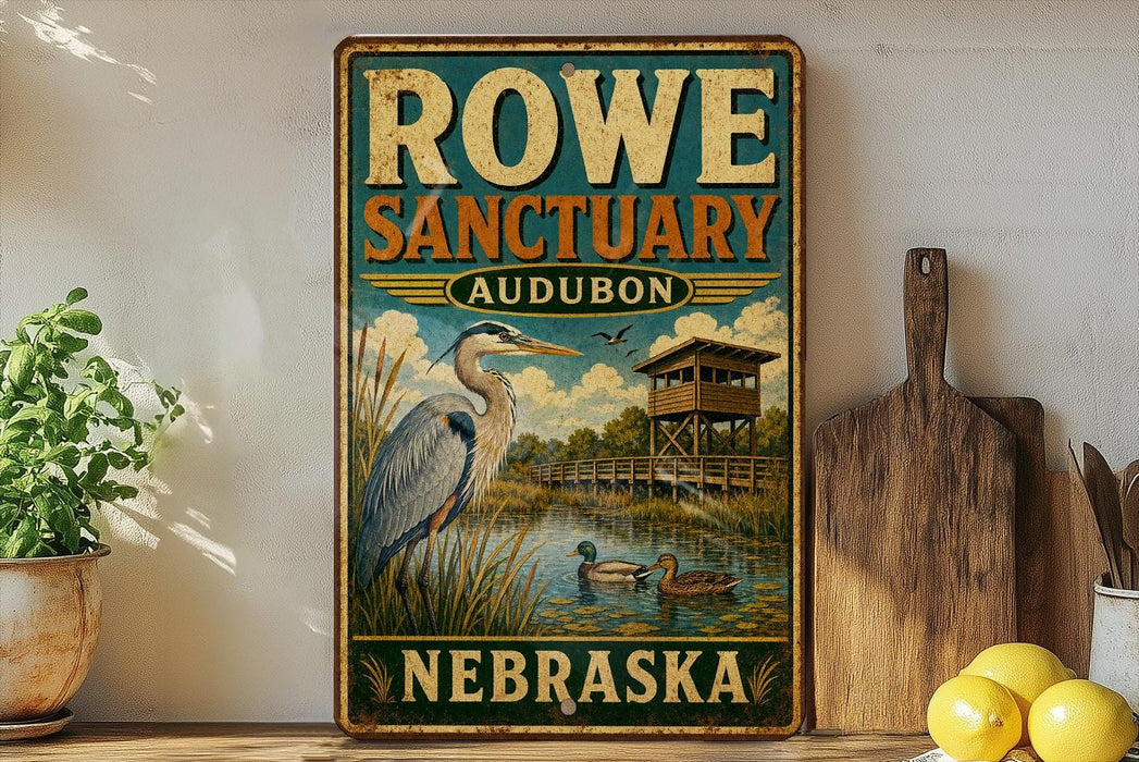 A vintage-style sign for Rowe Sanctuary Audubon in Nebraska, featuring an illustration of a bird in a pond and a wooden structure.