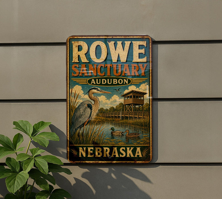 A vintage metal sign for the Rowe Sanctuary in Audubon, Nebraska, featuring a large bird and a wooden structure in the background.