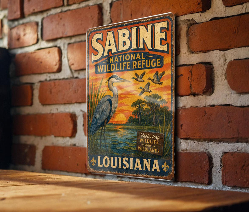 A vintage-style metal sign for Sabine National Wildlife Refuge in Louisiana, featuring an illustration of a heron and a sunset landscape.