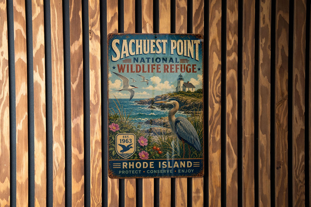 A vintage-style metal sign for the SACHUEST POINT NATIONAL WILDLIFE RESCUE, located on Rhode Island.