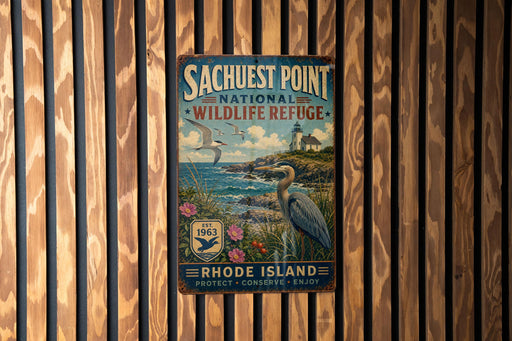 A vintage-style metal sign for the SACHUEST POINT NATIONAL WILDLIFE RESCUE, located on Rhode Island.