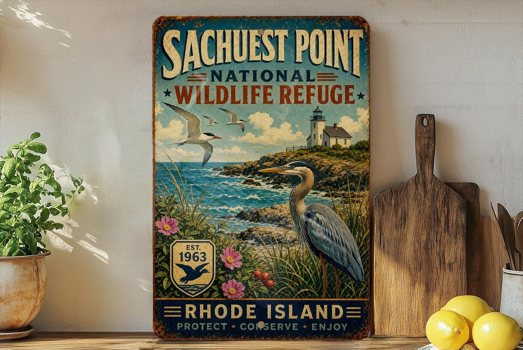 a vintage-style sign for the Sachest Point National Wildlife Refuge, which is located on Rhode Island. The sign is displayed on a wall, surrounded by various objects such as a potted plant, a cutting board, and some lemons.