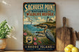 a vintage-style sign for the Sachest Point National Wildlife Refuge, which is located on Rhode Island. The sign is displayed on a wall, surrounded by various objects such as a potted plant, a cutting board, and some lemons.