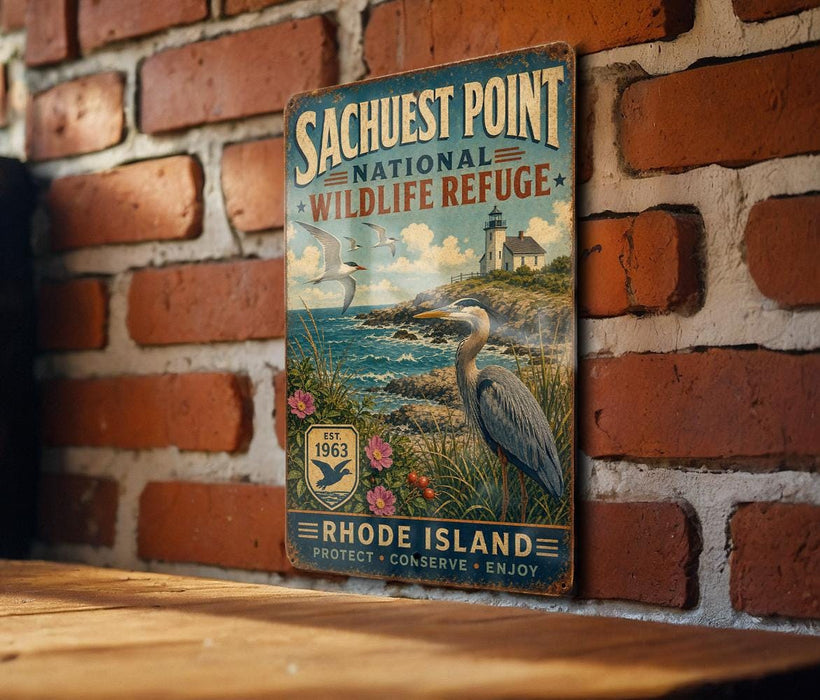 a vintage-style sign for the SACHUEST POINT NATIONAL WILDLIFE REFUGE, which is located on Rhode Island.