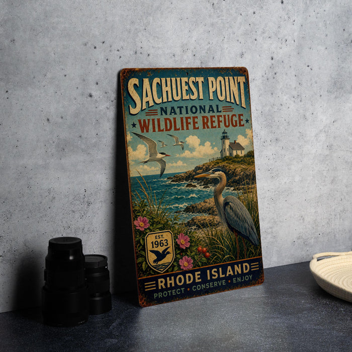 a vintage-style metal sign for the Sachuest Point National Wildlife Refuge in Rhode Island, with a lighthouse and seagulls in the background.