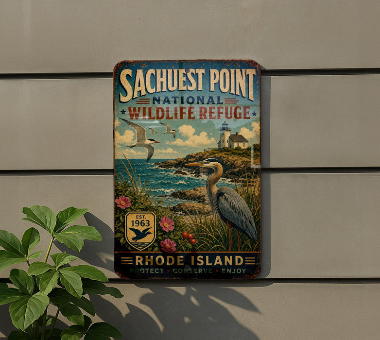 a vintage-style metal sign for the Sacheost Point National Wildlife Refuge in Rhode Island, depicting a seagull and a lighthouse on a cliff overlooking the ocean.