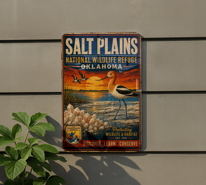 A vintage metal sign for the Salt Plains National Wildlife Refuge in Oklahoma, featuring an illustration of a bird and a sunset landscape.