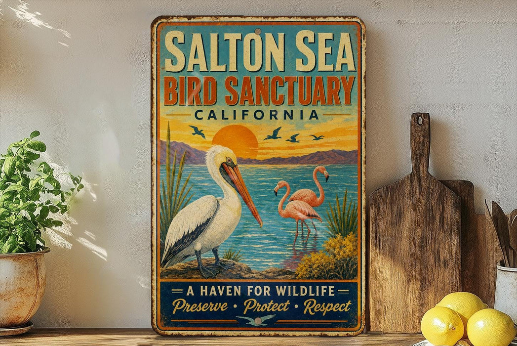 A vintage-style metal sign for the Salton Sea Bird Sanctuary in California, featuring illustrations of a pelican and flamingos against a sunset backdrop.