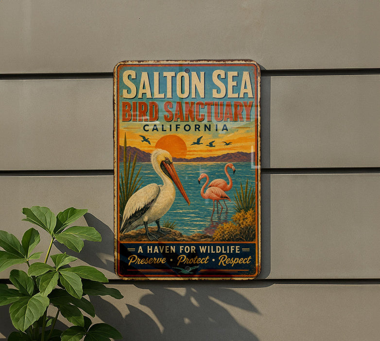 A vintage-style metal sign for the Salton Sea Bird Sanctuary in California, featuring illustrations of a pelican and flamingos against a sunset landscape.