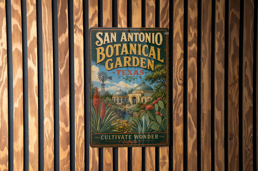A vintage-style metal sign for the San Antonio Botanical Garden in Texas, featuring a colorful illustration of the garden and a windmill.