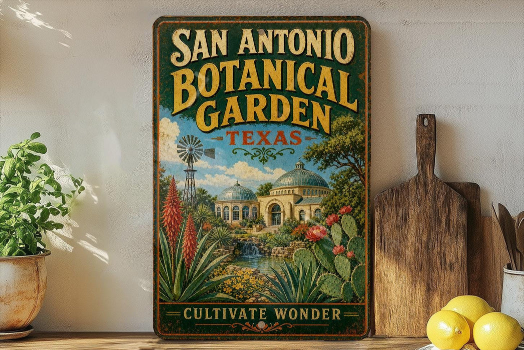 A vintage-style metal sign for the San Antonio Botanical Garden in Texas, featuring a colorful illustration of a garden landscape with a windmill and other plants.