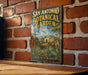 A vintage-style metal sign for the San Antonio Botanical Garden in Texas, featuring a lush garden scene with a windmill and cacti.