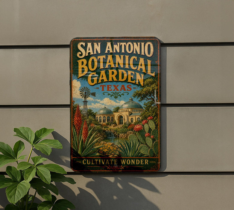 A vintage-style metal sign for the San Antonio Botanical Garden in Texas, featuring a colorful illustration of the garden's landscape and a windmill.
